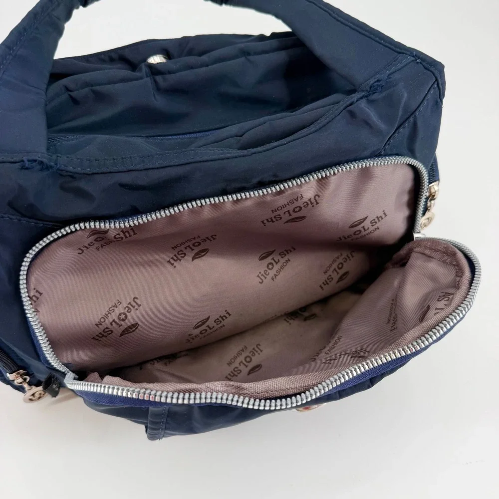 Jielshi Light Life Navy Blue Nylon Multi Pocket Shoulder Handbag Satchel